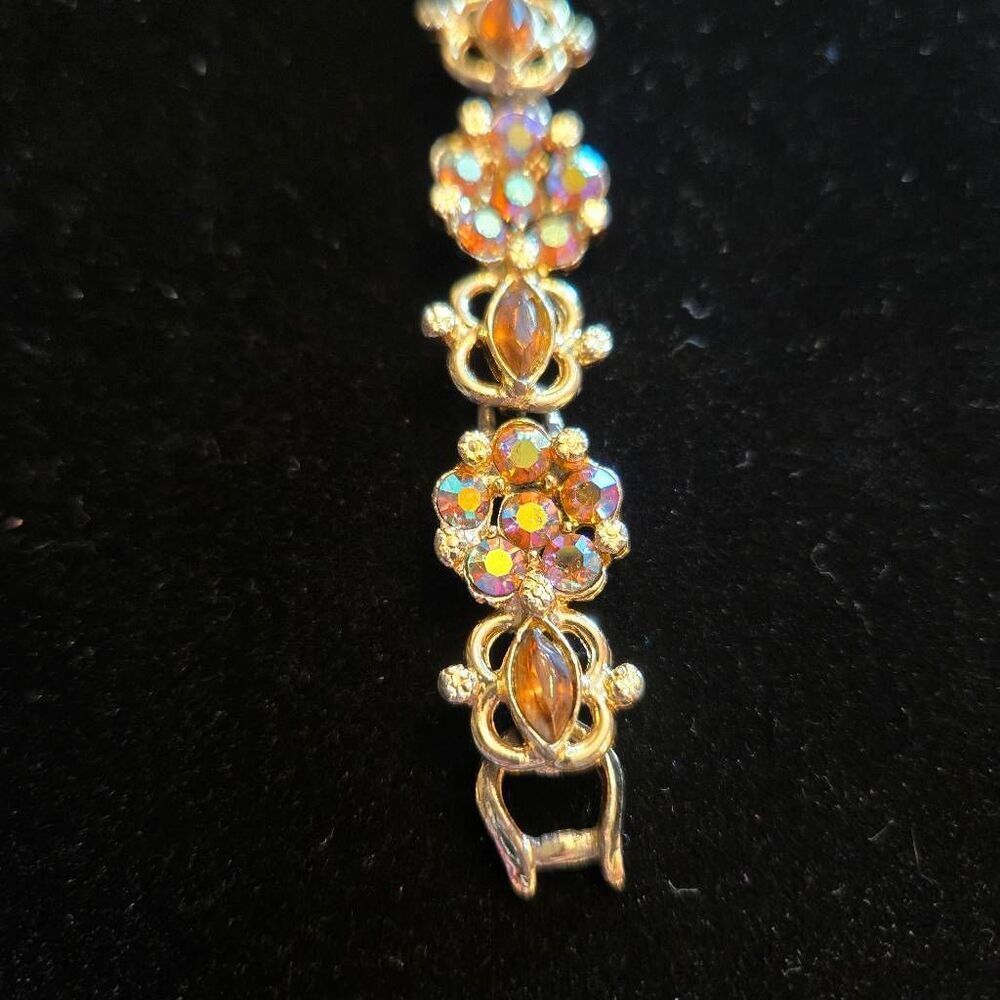 Vintage Floral Rhinestone Link Bracelt Gold Tone - Picture 6 of 7